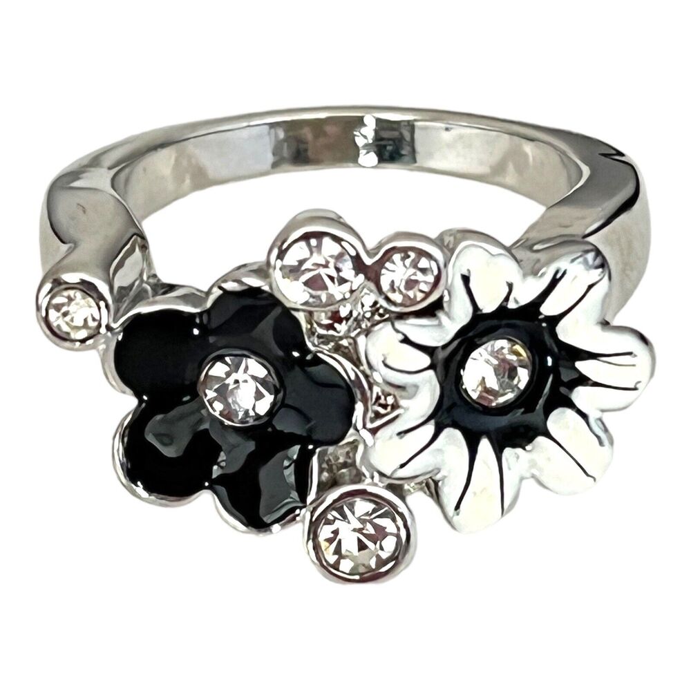 New Enamel Flower Ring Size 8 Silver Tone Crystals Statement - 1N